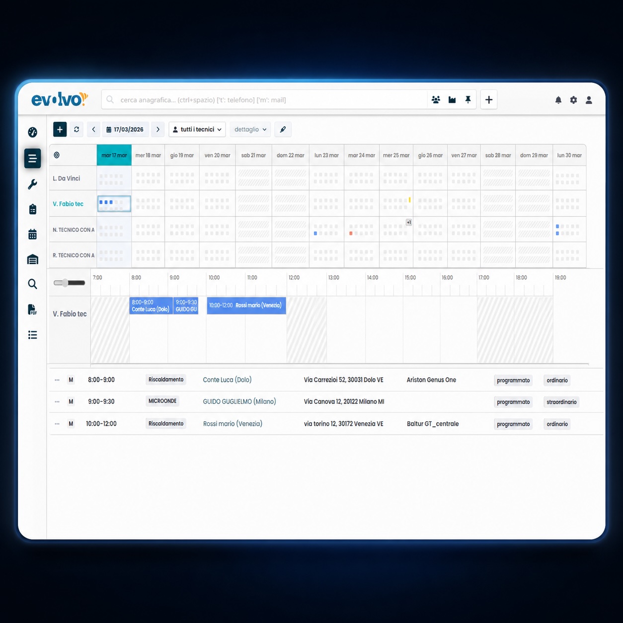 Planner Evolvo per la gestione dei tecnici e degli appuntamenti