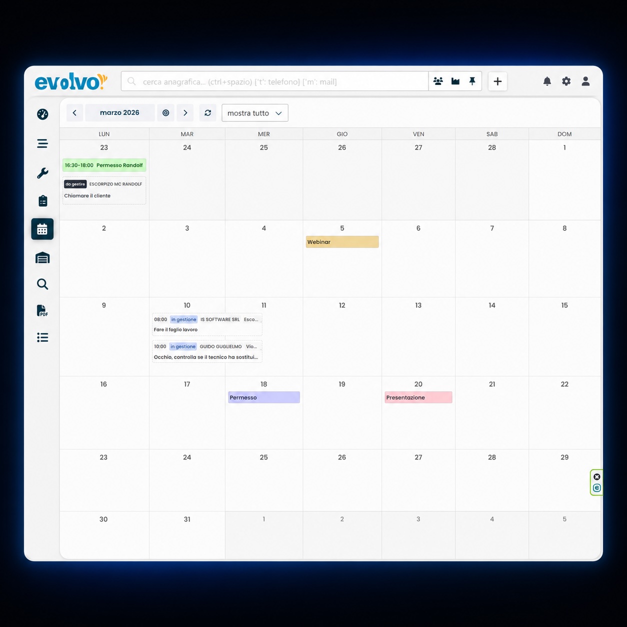 Calendario Evolvo per la gestione dei ticket di assistenza
