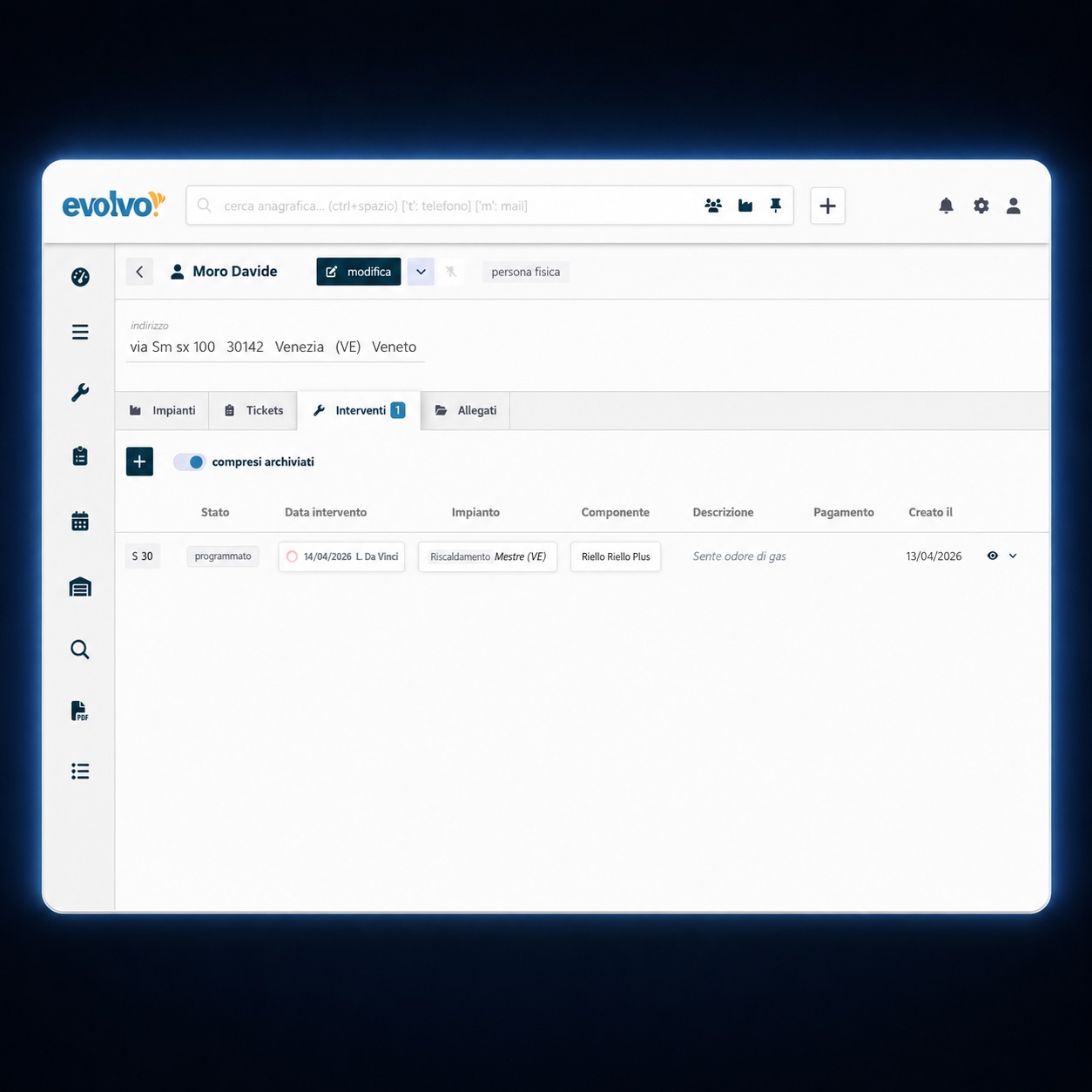 Storico Evolvo di clienti, impianti e interventi